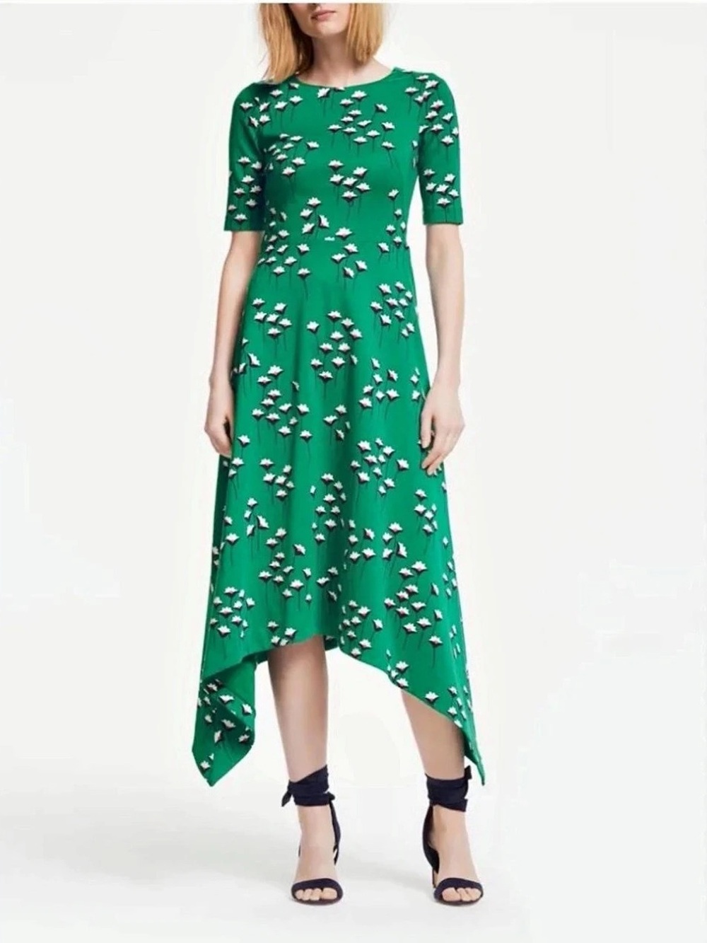 Boden Leonie Asymmetrical Midi Dress Green US 2 Like New Handkerchief Hem